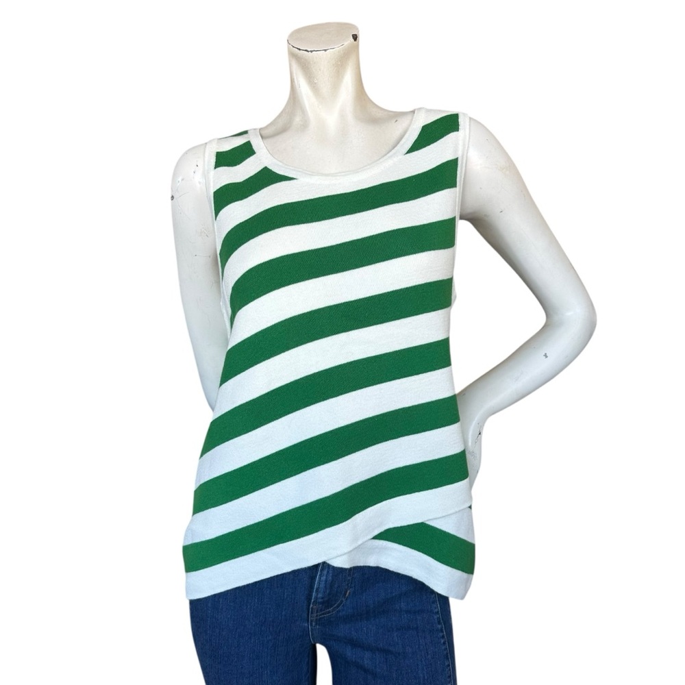 Anthropologie Green & White Striped Cotton Knit Cross Front Tank Top Size Medium